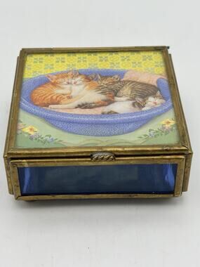 Vtg Via Vermont Stained Glass & Brass Mirrored Sleeping Cats Jewelry Trinket Box